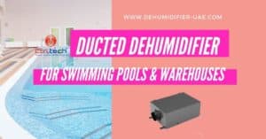 Inline ducted dehumidifier for indoor swimming pools.